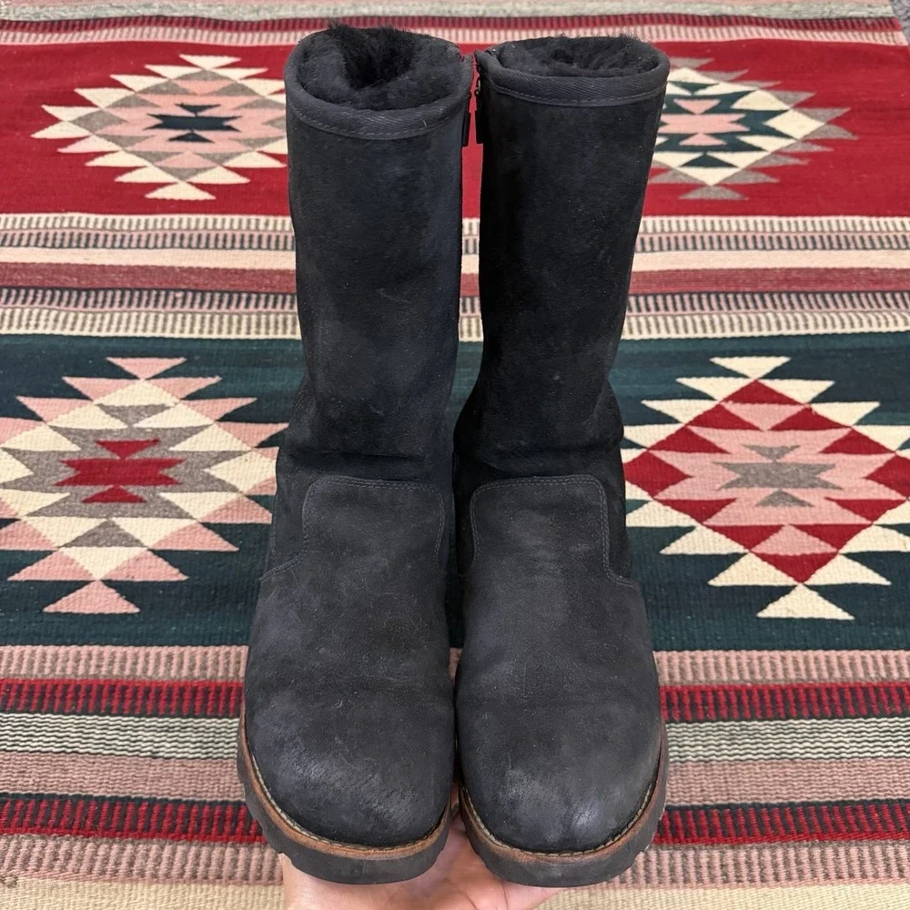 UGG Etta Tall Boots Sz‎ 10 Black Suede Leather Sheepskin Warm Waterproof Gothic
